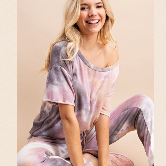 Grey/mauve Tie Dye Short Sleeve Tunic Top - Picture 2 of 14